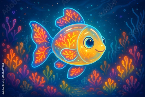 Vibrant Cartoon Goldfish Illustration in a Fantasy Underwater World: Colorful and Glowing Marine Life Art for Children's Decor