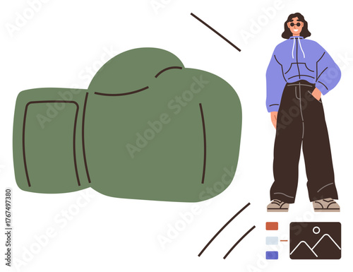 Green boxing glove near fashionable woman in crop hoodie, baggy pants, sunglasses. Ideal for strength, empowerment, sports, streetwear, individuality, confidence simple flat metaphor