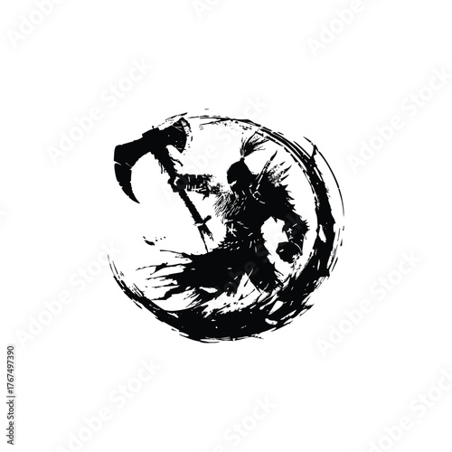 A dynamic black ink brush stroke illustration of a cloaked figure wielding a scythe in a circular design.