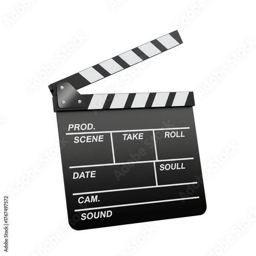 A black and white clapperboard with the words prod, scene, take, roll, date, soull, cam, and sound isolated on transparent background for filmmaking