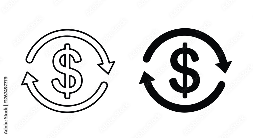 Obraz premium Dollar sign symbol with circular arrows indicating exchange or currency conversion - Line and glyph icon and logo - Vector icon symbol for website - Icon vector