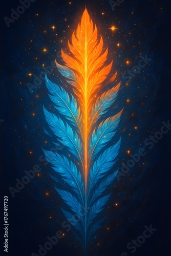 Abstract Blue and Orange Glow Fern Leaf Design: Vibrant and Creative Digital Art Illustration for Modern Nature Backgrounds