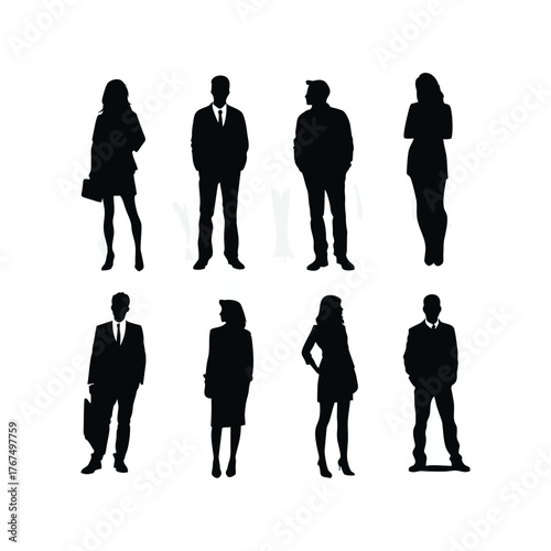 Silhouettes of diverse business people, men and women, standing in various professional poses, isolated on a white background, representing corporate life.