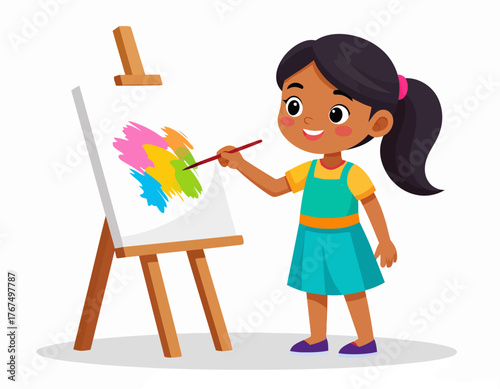 Young girl joyfully painting on a canvas with colorful strokes, showcasing creativity and artistic expression