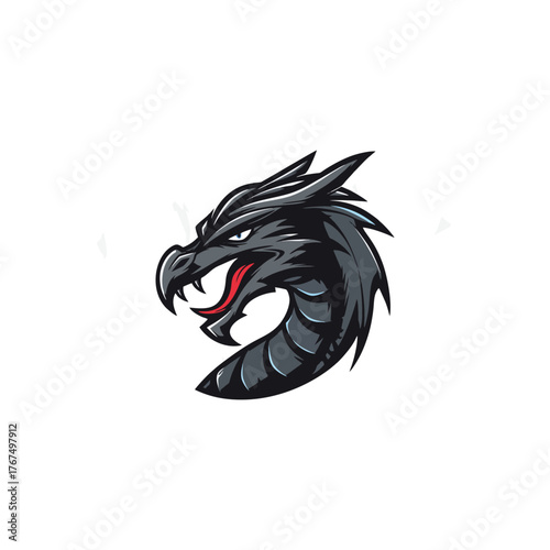Wallpaper Mural Fierce black dragon head mascot illustration with sharp teeth and a red tongue, isolated on a white background. Torontodigital.ca
