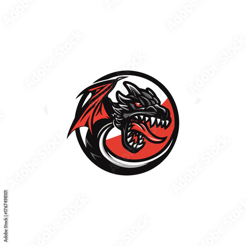 A fierce dragon head logo, featuring a black and red color scheme, inside a circular frame.