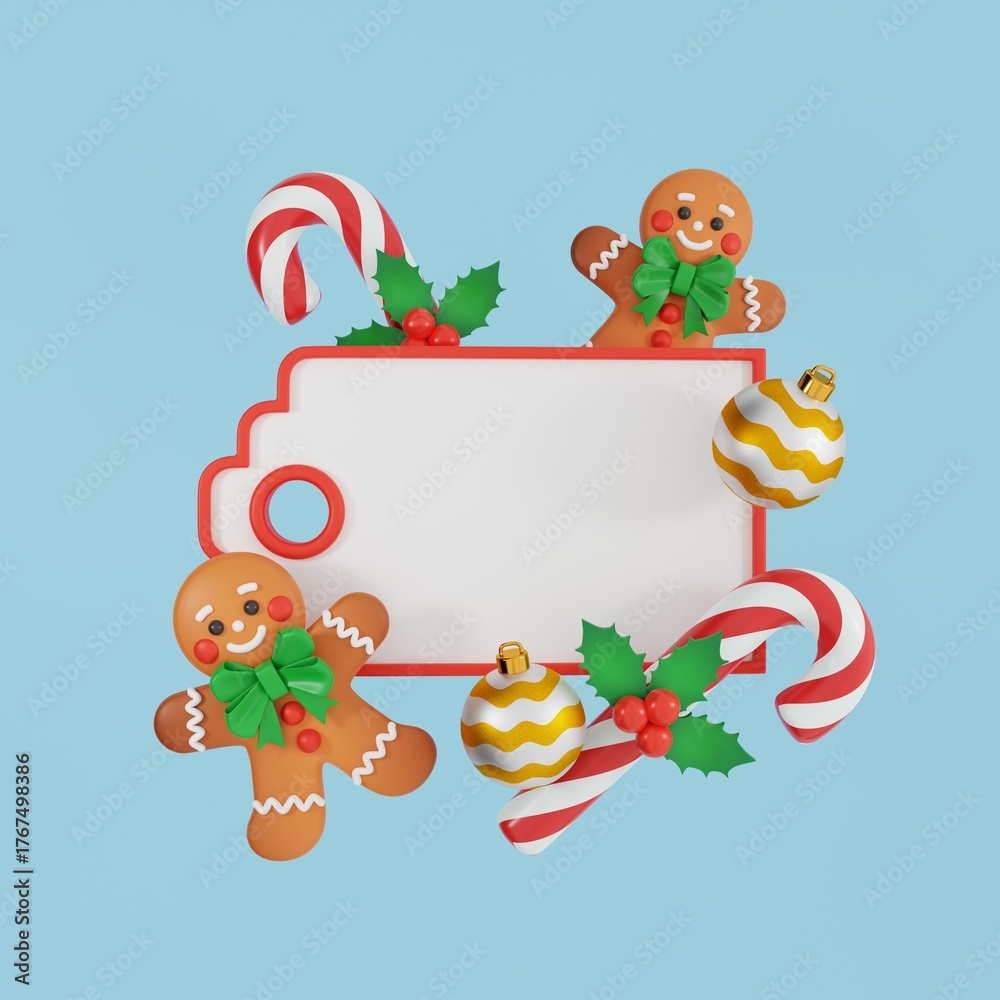 Obraz premium A 3D Christmas label featuring gingerbread cookies, candy canes, and holiday decorations with space for text. Perfect for greeting cards, invitations, social media posts, or Christmas sale banners. 