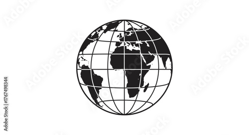 Stylized globe with meridians and parallels depicting continents in black and white abstract design silhouette