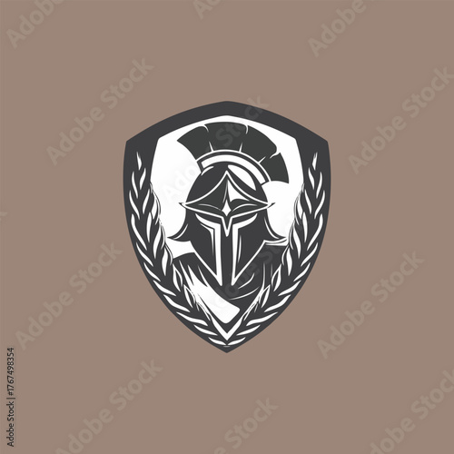Stylized Spartan helmet with a pointed crest and cheek guards, framed by laurel wreaths within a shield emblem, in a monochrome design.
