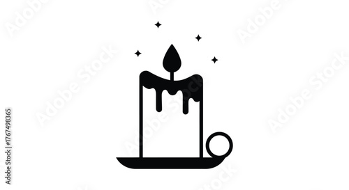 Simple black silhouette of a dripping candle in a holder emitting tiny light particles silhouette