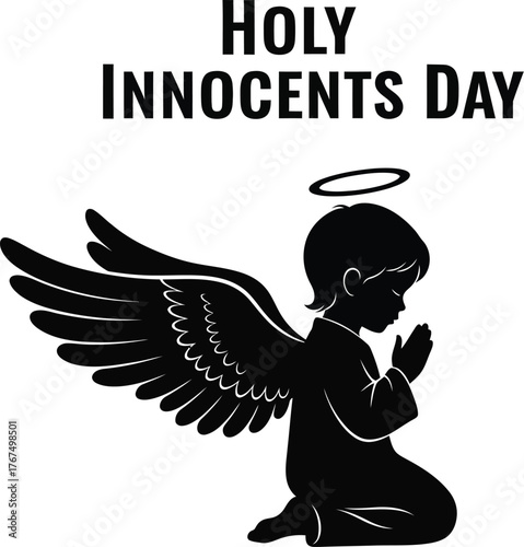 Holy innocents day illustration featuring an angel with wings praying, symbolizing remembrance and innocence
