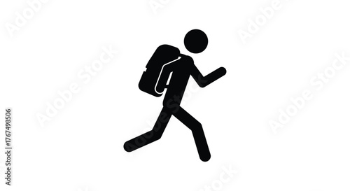 Dynamic silhouette of a person with backpack running energetically forward expressing movement and adventure silhouette