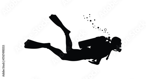 Silhouette of a scuba diver exploring underwater depths with bubbles rising towards the surface silhouette