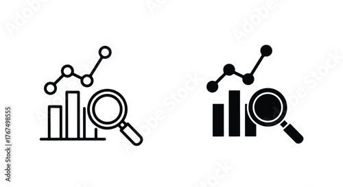 Magnifying glass over bar chart and line graph analysis icon set - Line and glyph icon and logo - Vector icon symbol for website - Icon vector