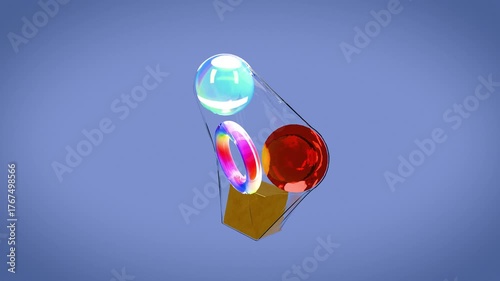 3d animation of abstract geometric shapes on transparent plastic with blue background