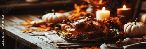 Golden-brown turkey is the centerpiece on a festive table, surrounded by candles, pumpkins, and vibrant autumn leaves. A warm, inviting atmosphere perfect for Thanksgiving, banner