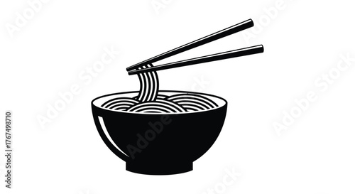 Steaming hot noodles being picked up with chopsticks from a simple bowl silhouette