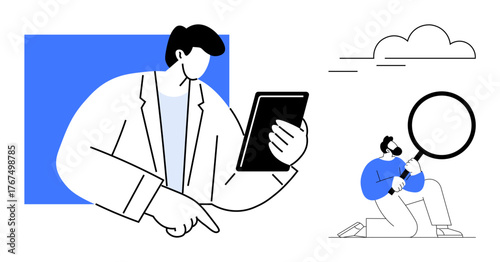 Modern styled figures with a tablet and magnifying glass, symbolizing data analysis, research, and problem-solving. Ideal for business, technology, teamwork, education, innovation creativity