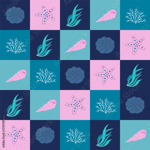 Seamless checkered pattern inspired by the underwater world, featuring seashells, corals, starfish, sea plants and abstract marine elements in blue, teal and pink tones for textile and decor.