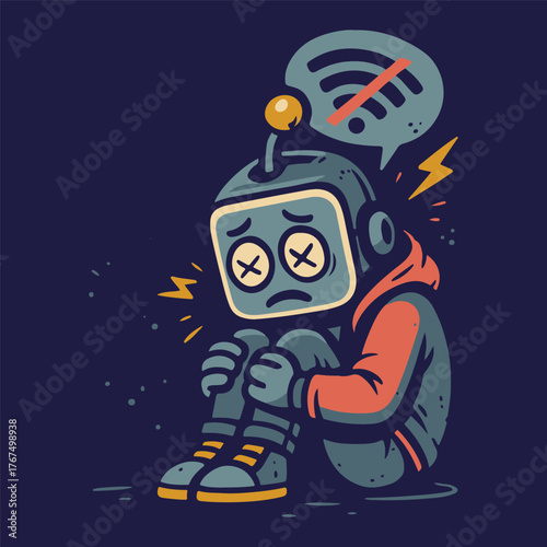 Cartoon Robot Panicking About Lost Wi-Fi in Urban Vector Style
