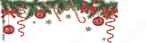 Christmas vector border with festive pine branches red bows baubles candy canes and snowflakes