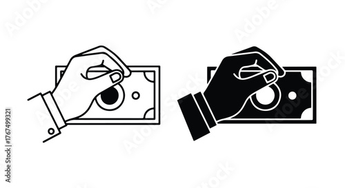 Hand holding money cash payment transaction financial exchange concept - Line and glyph icon and logo - Vector icon symbol for website - Icon vector