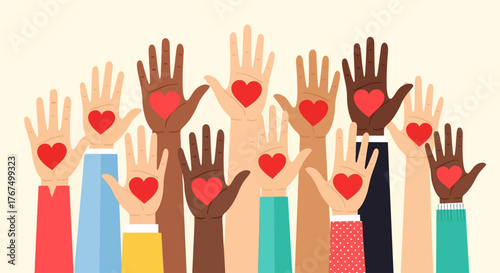 Diverse hands with hearts, symbolizing love, unity, and community support.