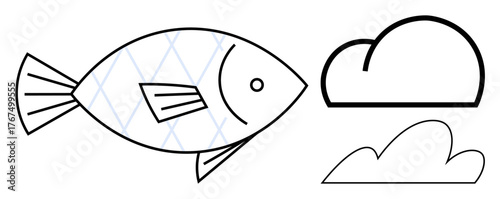 Fish in geometric style with crisscross pattern, two outlined clouds. Ideal for nature, eco, simplicity, dreaming, marine life, minimalism climate concepts. Clean and simple flat metaphor