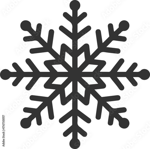 Dark gray snowflake vector icon with a white center representing winter weather and holiday season