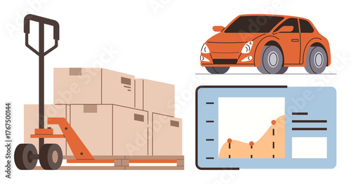 Pallet jack loaded with cargo boxes, orange car, and data analytics chart highlighting information flow. Ideal for logistics, supply chain, distribution, shipping, delivery, e-commerce and analysis