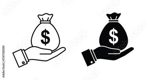 Hand holding money bag icon set financial wealth symbol - Line and glyph icon and logo - Vector icon symbol for website - Icon vector