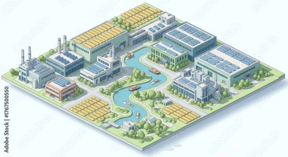 Obraz premium Isometric industrial park with solar panels, factories, and a canal