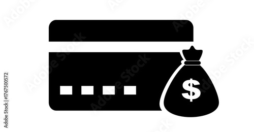 Black vector icon of a credit card placed beside a money bag with a dollar sign, clearly symbolizing financial transactions, available credit, and payment reserves on a transparent background.