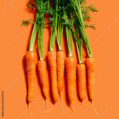  Carrots aligned on orange background, food lifestyle illustration