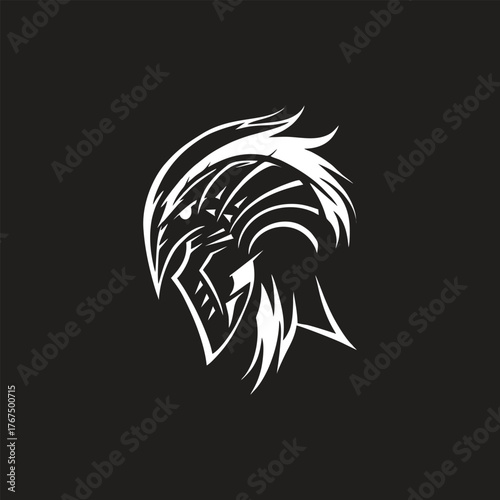 A stylized white tribal illustration of a fierce eagle's head on a black background.