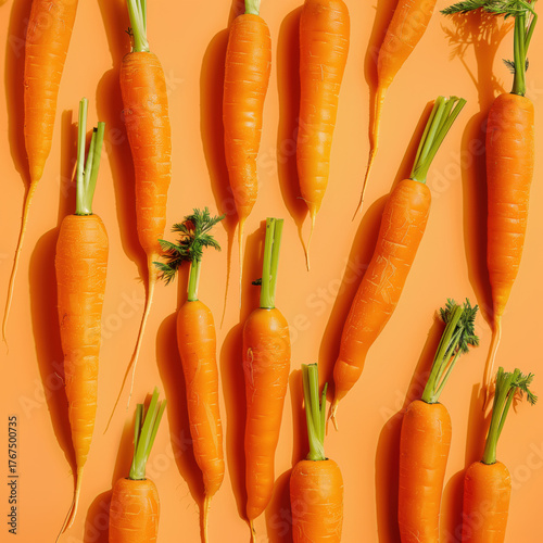  Carrots aligned on orange background, food lifestyle illustration
