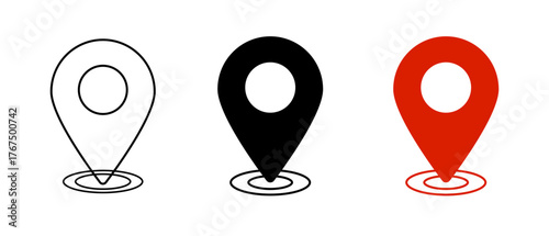 Set of three location map pin vector icons: pointer symbol in outline, black solid, and red color variations for GPS navigation, address marking, and geotagging applications