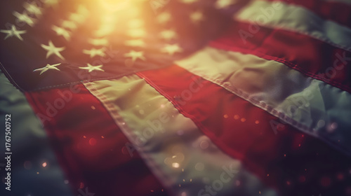 USA flag close-up, fabric, golden light
