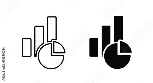 Two icons showing bar chart and pie chart data analysis and statistics - Line and glyph icon and logo - Vector icon symbol for website - Icon vector