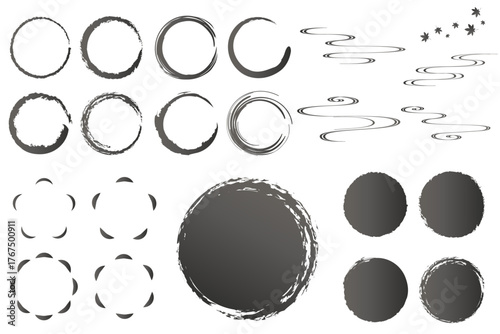 モノクロの和風の丸フレームイラストセット　筆丸　筆　丸　波