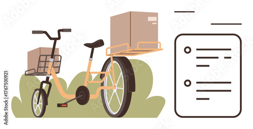 Cargo bicycle carrying boxes paired with a checklist for tracking, symbolizing efficiency and eco-friendly transport. Ideal for logistics, delivery, planning, transportation, sustainability