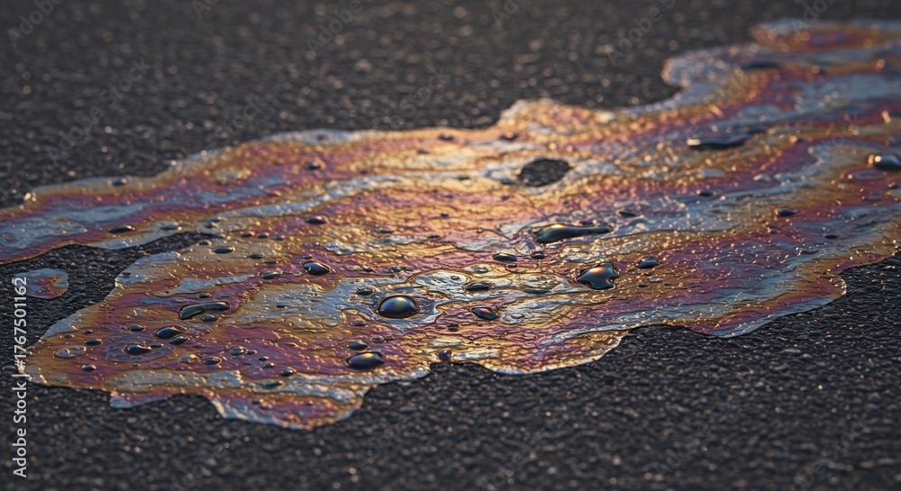 Obraz premium Iridescent oil spill on asphalt reflecting light displaying rainbow colors and small droplets