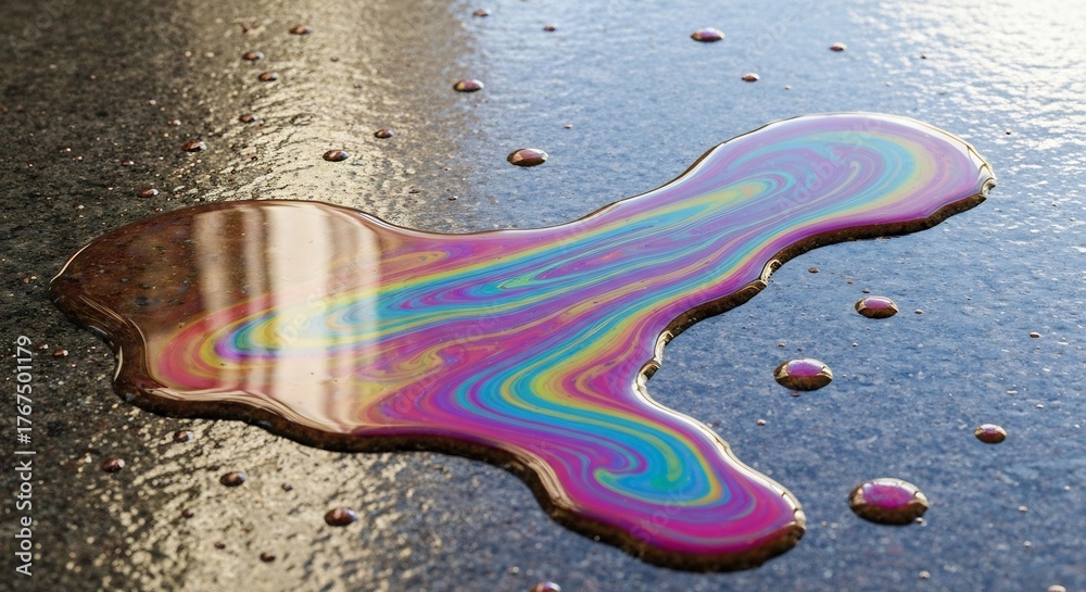 Obraz premium Iridescent oil spill on dark asphalt with droplets rainbow effect closeup