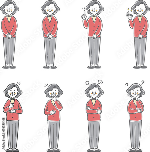 いろんな表情のシニア女性イラストセット　全身　ベクター
