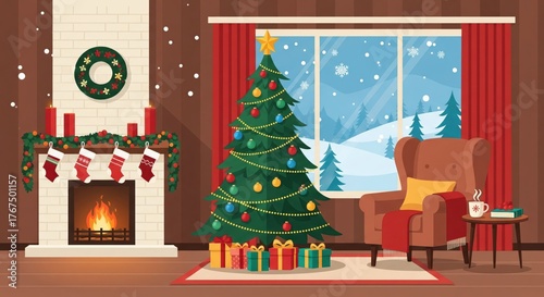 Warm and cozy Christmas living room illustration with a decorated Christmas tree, burning fireplace, hanging stockings, gifts, and snow falling outside the window. Perfect for holiday backgrounds, gre