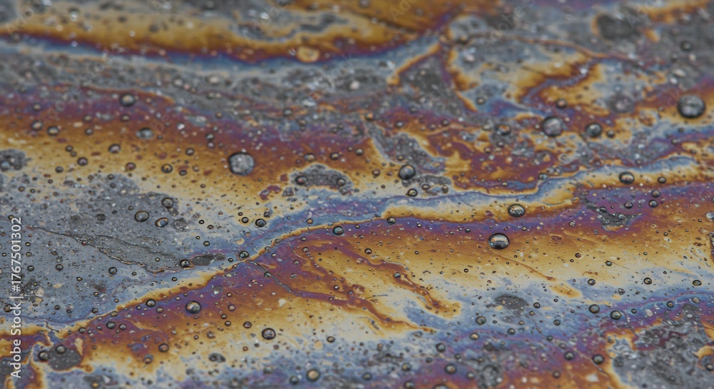 Naklejka premium Iridescent sheen oil or chemical spill with bubble patterns and multicolored streaks on an asphaltlike surface