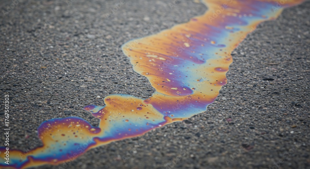 Fototapeta premium Iridescent spill on asphalt rainbow oil slick pattern on gray pavement