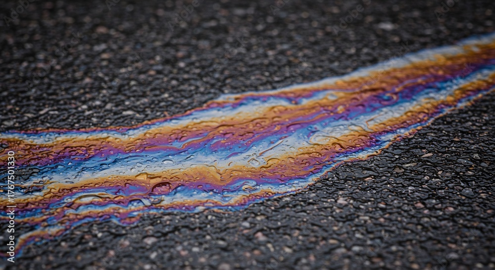 Obraz premium Iridescent spill with rainbow hues on asphalt reflecting water drops