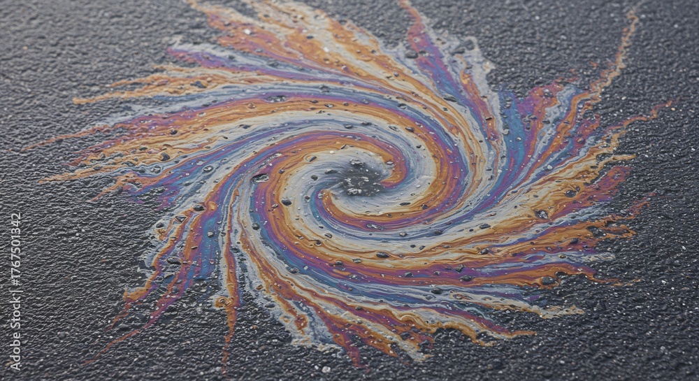 Obraz premium Iridescent swirling oil spill on asphalt Rainbow colors create a spiral pattern glossy and reflective