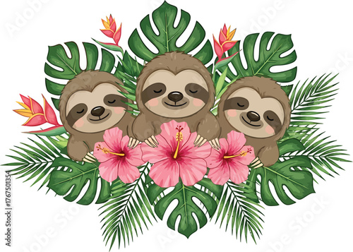 Cartoon Sloths with Tropical Leaves and Flowers Vector Illustration Brown Sloth Sitting Posing With Hibiscus Flowers and Monstera Leaves Relaxing Happy Sloths Together Friendship Animal